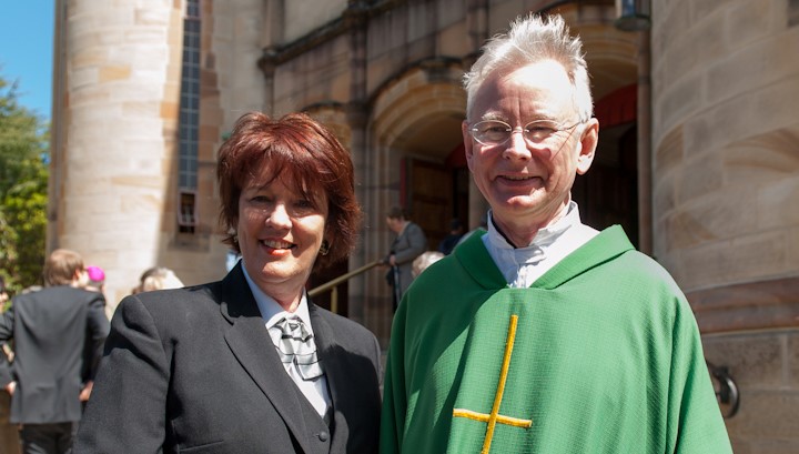 Patsy Healy from WN Bull Funerals with Jesuit, Fr Richard Southall, who accompanied the relic of St Francis Xavier as it progressed on the Pilgrimage of Grace in 2012.